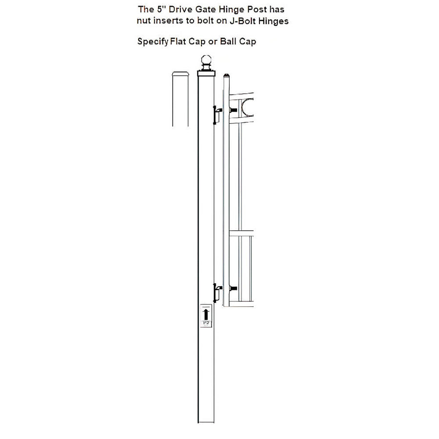 black and white diagram labeled Drive Gate Hinge Post with parts labeled and measurements