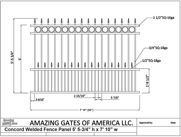 concord style iron fence design with row of circles and spear point finials on top, spear head dog pickets bottom