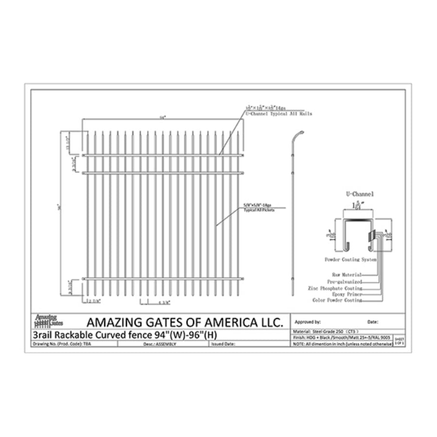 Technical drawing of a 3-rail rackable curved fence, 94 inches wide and 96 inches high, with detailed measurements and notes.
