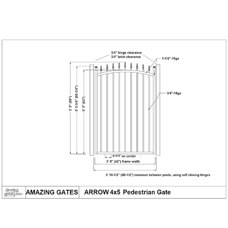  Black and white diagram with measurements and labels of arched black wrought iron garden gate with spear points on top and ball caps on both posts on either side of gate