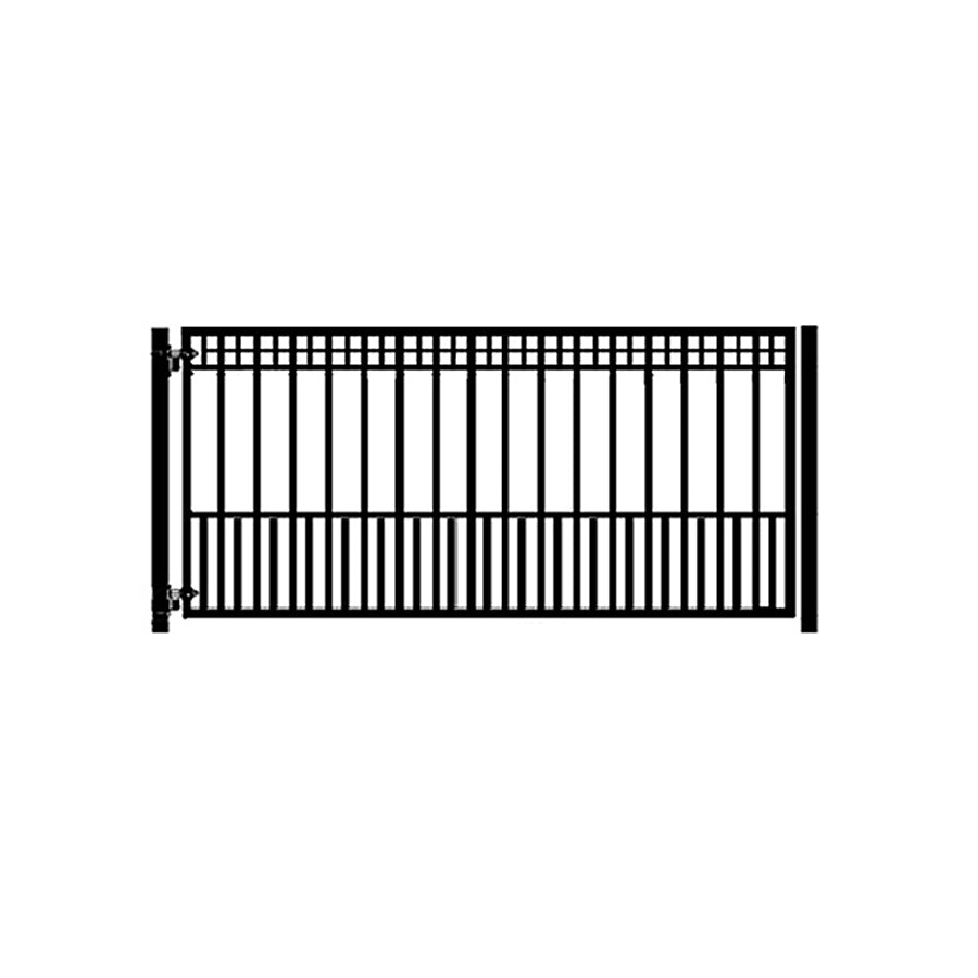 Black single-swing metal gate with vertical bars and a rectangular top frame, displayed on a white background.