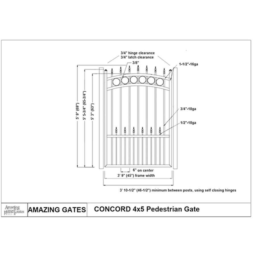 measurements of concord style iron fence design with row of circles and spear point finials on top, spear head dog pickets bottom