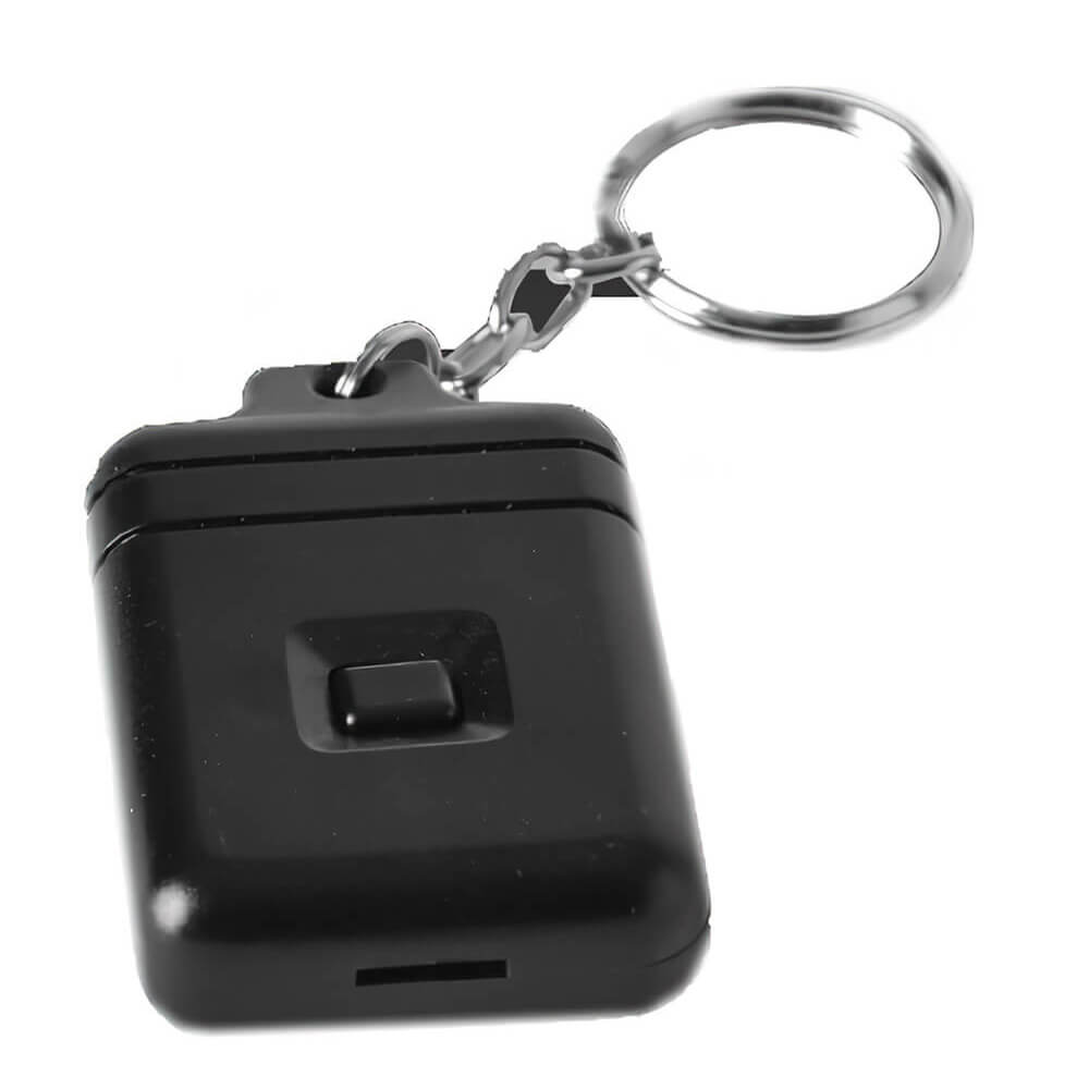 Black keychain remote with a single square button and a silver metal ring, compact and portable for gate operation.