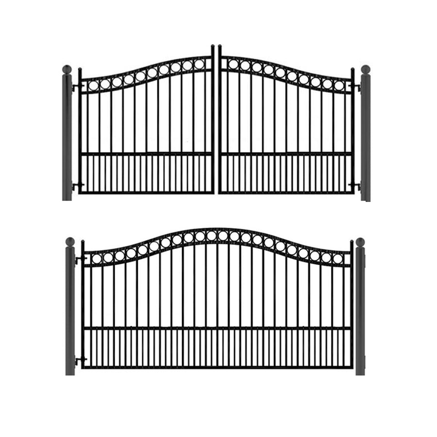 Black and white diagram of double arched black wrought iron gate with row of circles on top ball caps on both posts on top, and single gate of same design below