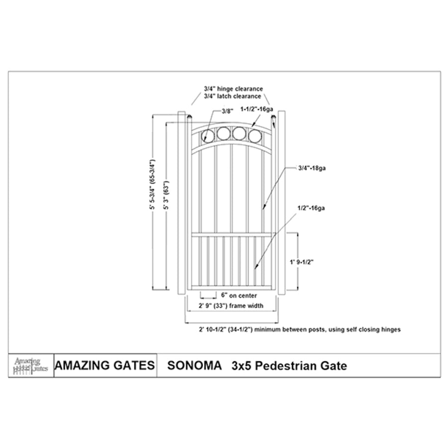 labeled diagram of Sonoma style iron garden gate with row of circles on top and ball caps on both posts on either side of gate