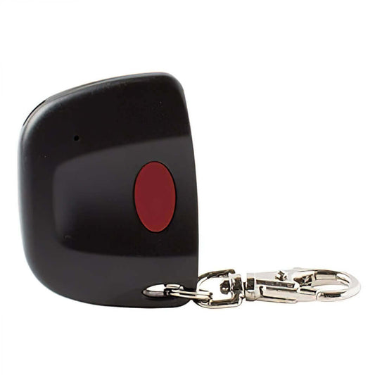 black plastic key chain transmitter with red button and metal clip