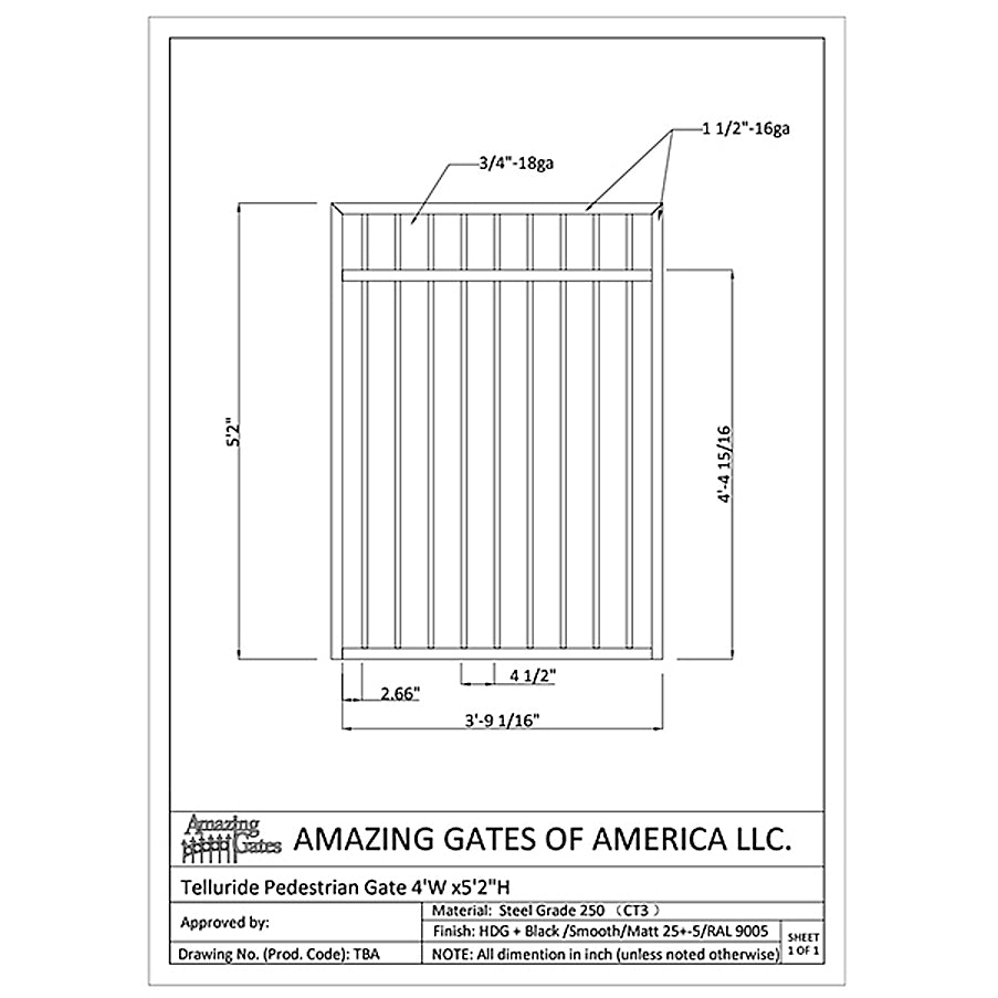 Black and white diagram with labels and measurements of rectangular simple black wrought iron garden gate with vertical bars and one horizontal bar near the top. Hinged on 2 square posts.