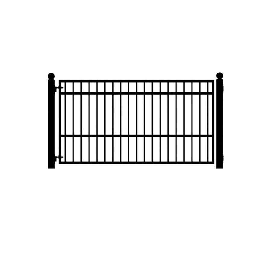 Black and white drawing of rectangular single black wrought iron driveway gate with vertical bars and one horizontal bar near the top and one about a third way from bottom. Hinged on 2 square posts