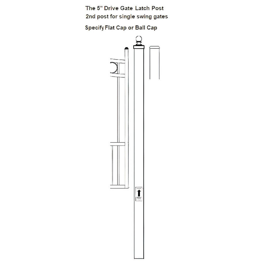Diagram of a 5-inch gate latch post for single swing gates, showing latch attachment and options for flat or ball cap.