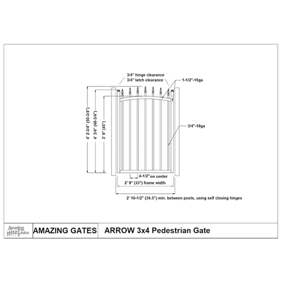  Black and white diagram with measurements and labels of arched black wrought iron garden gate with spear points on top and ball caps on both posts on either side of gate