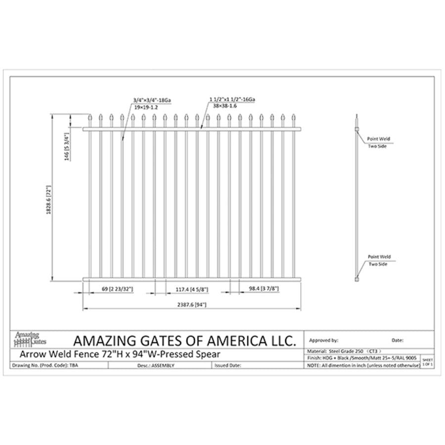 diagram with measurements of wrought iron fence section with simple vertical bars and spear point finials labeled Amazing Gates of America 