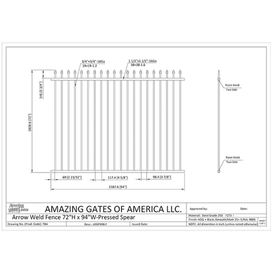 Technical drawing of a 72-inch high by 94-inch wide arrow weld fence with pressed spear tops. Includes detailed measurements.