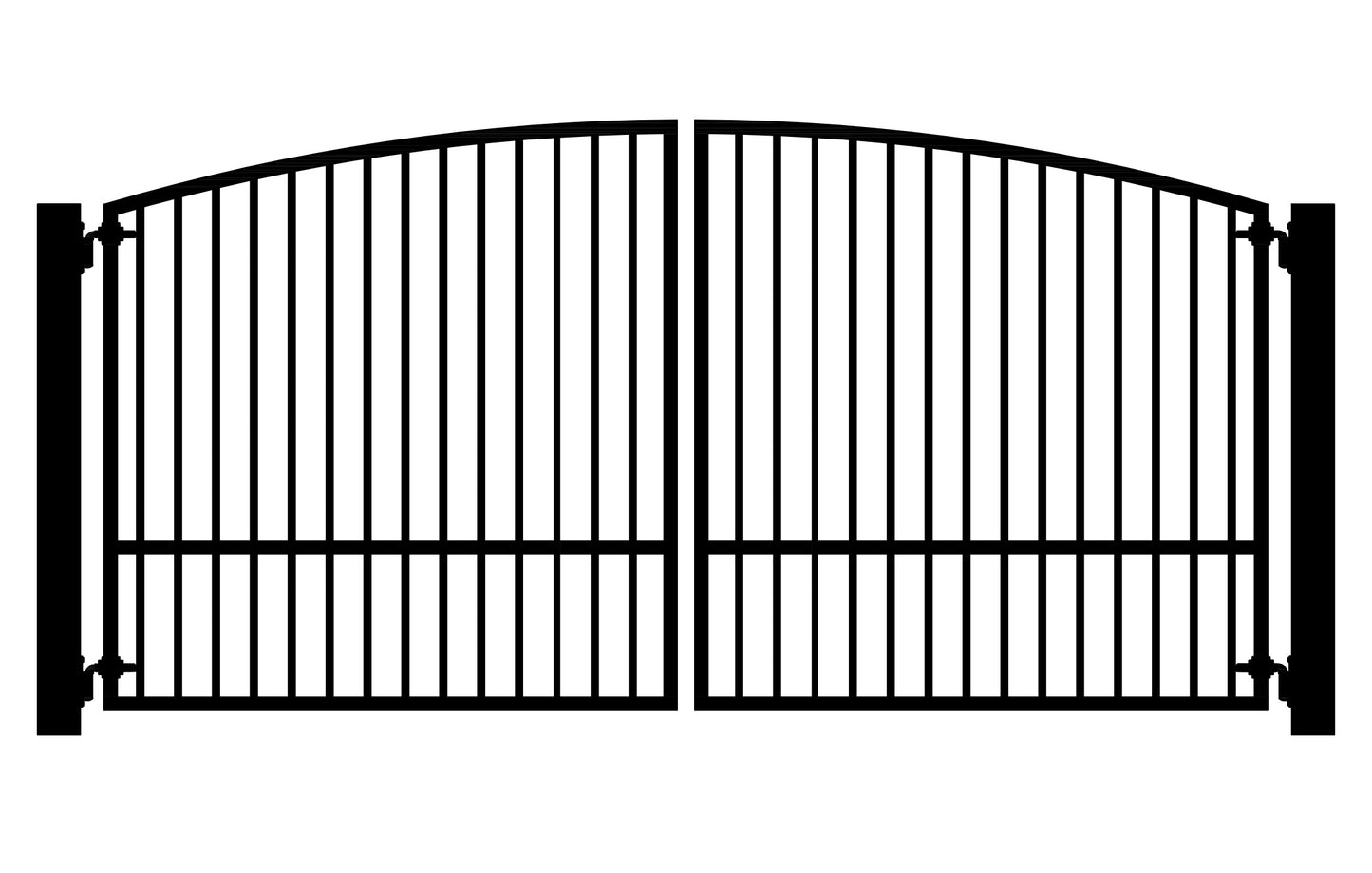 Black metal double swing gate with a simple vertical bar design and a gently arched top, shown on a white background.