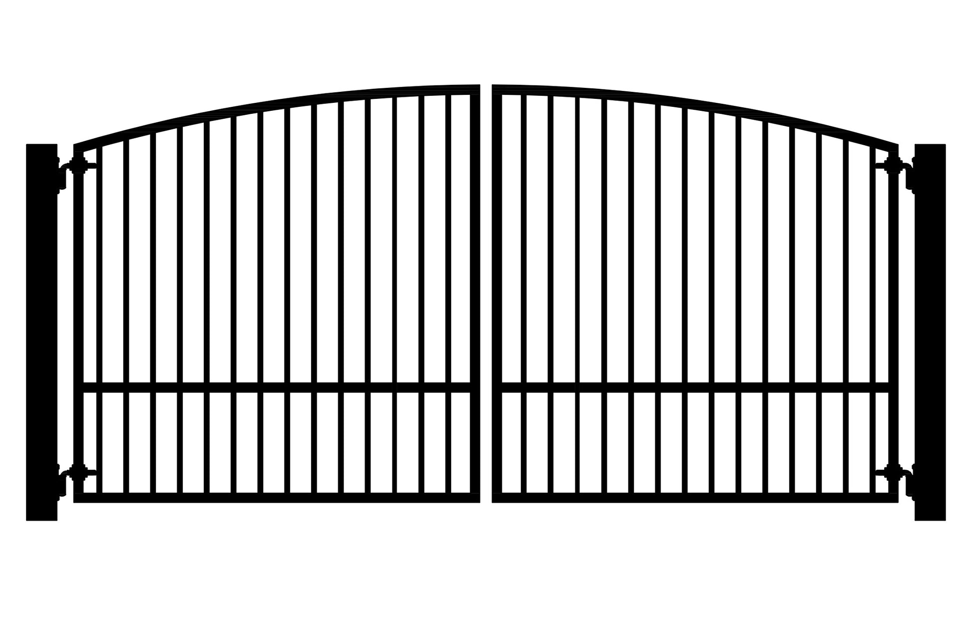 Black metal double swing gate with a simple vertical bar design and a gently arched top, shown on a white background.