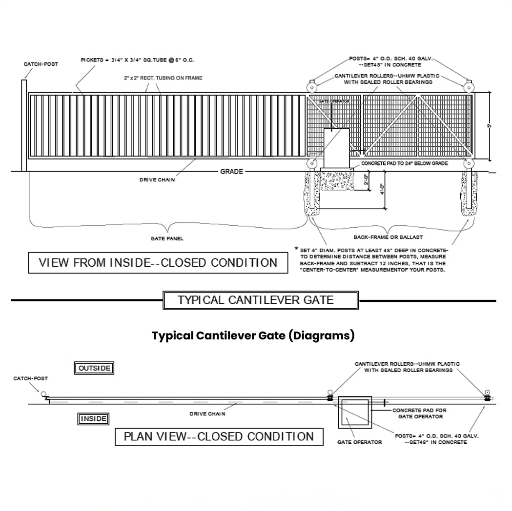 diagram with labels and measurements of typical cantilever slide gate