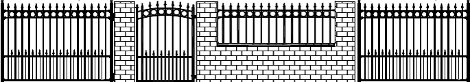 black on white diagram of  brick wall with inserts of gate, short fence and iron fence section design with row of circles trimming the top and spear point finials and dog pickets with spear points on rail at bottom