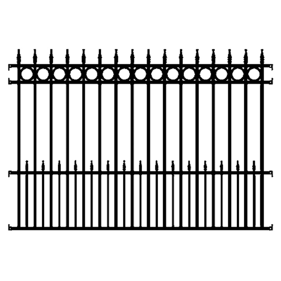 concord style iron fence design with row of circles and spear point finials on top, spear head dog pickets bottom