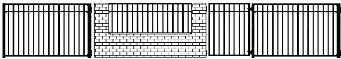 black and white diagram of brick wall with basic grid metal fence panel insert and  matching gates
