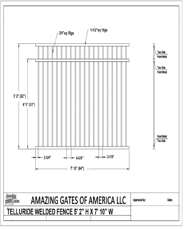 Black and white diagram with labels and measurements of rectangular simple black wrought iron garden gate with vertical bars and one horizontal bar near the top. Hinged on 2 square posts.