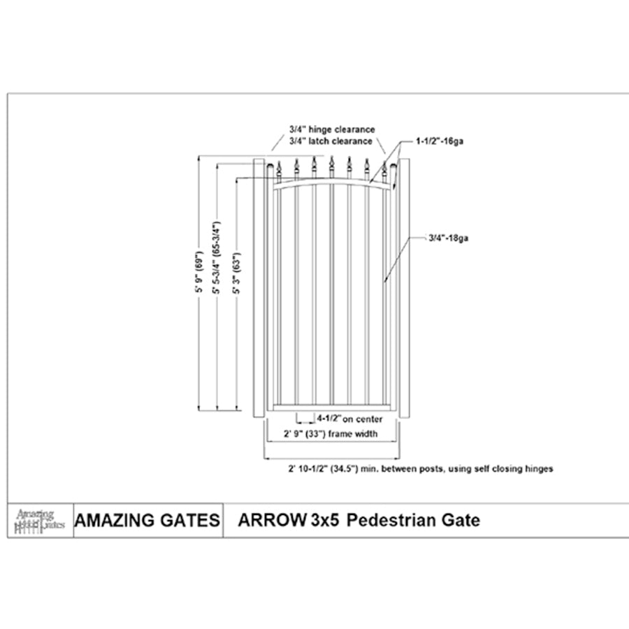  Black and white diagram with measurements and labels of arched black wrought iron garden gate with spear points on top and ball caps on both posts on either side of gate