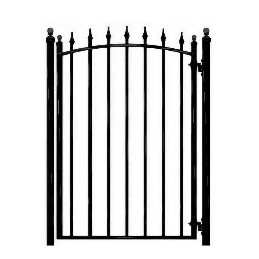  black wrought iron garden gate, arched  with spear points on top and ball caps on both posts on either side of gate