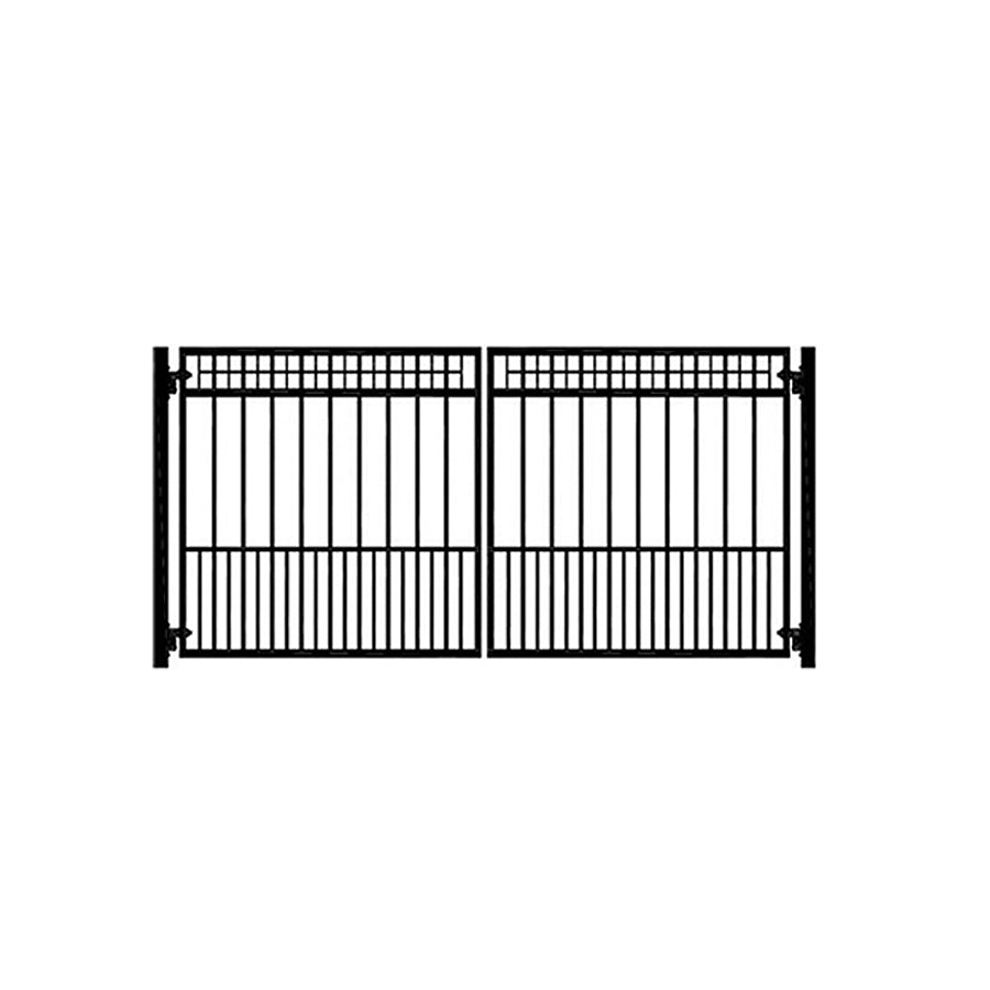 drawing of black wrought iron double driveway gate with grid series of 2 rows of squares at top, vertical bars below then section of double bars at bottom