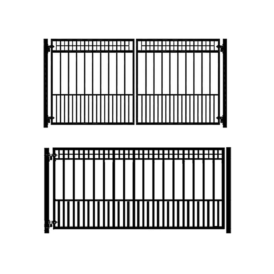 drawing of two black wrought iron double driveway gates. One on top is double gate, one on bottm is single, both  with grid series of 2 rows of squares at top, vertical bars below then section of double bars at bottom