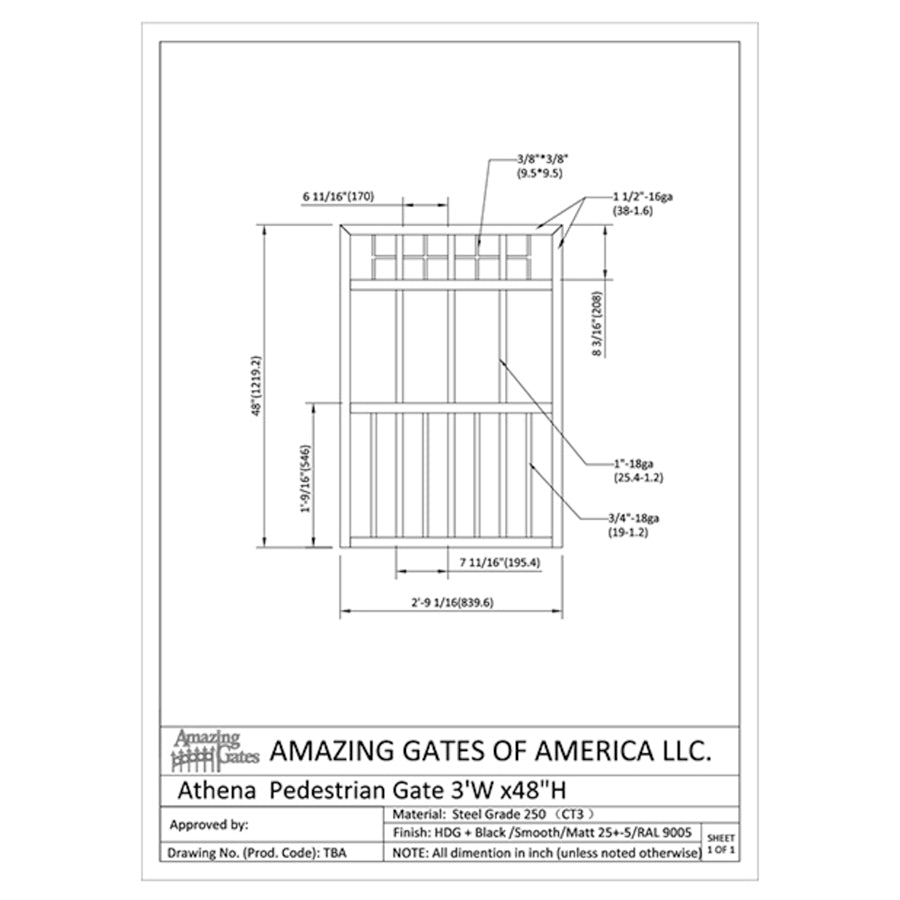 Labeled diagram with measurements and Amazing Gates of America Label of geometric wrought iron garden gate with grid series of 2 rows of squares at top, vertical bars below then section of double bars at bottom