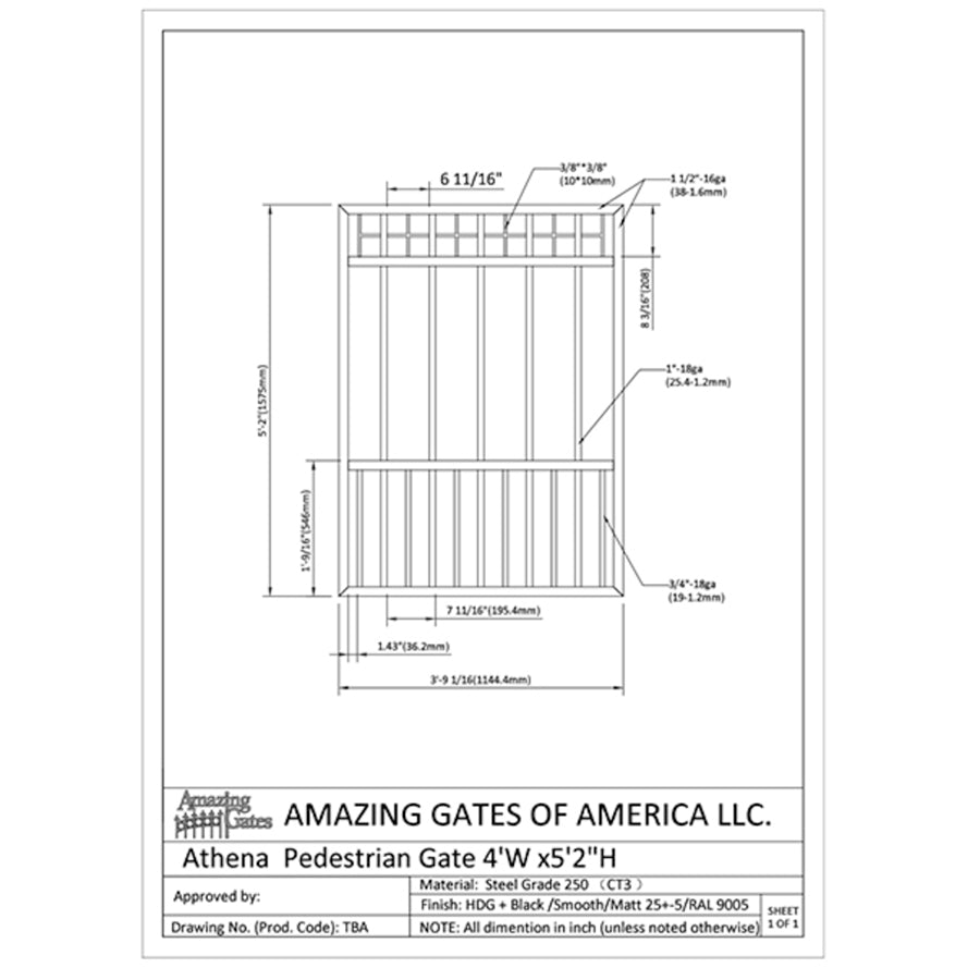 Labeled diagram with measurements and Amazing Gates of America Label of geometric wrought iron garden gate with grid series of 2 rows of squares at top, vertical bars below then section of double bars at bottom