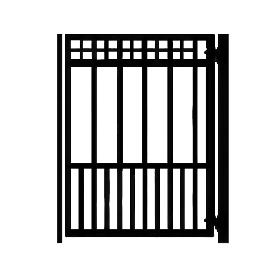 wrought iron garden gate, athena style with 2 rows of squares at top, vertical bars below, section of double bars at bottom