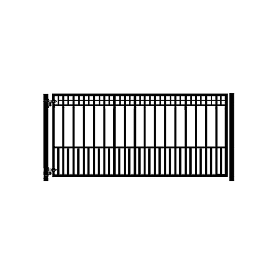 drawing of black wrought iron single driveway gate with grid series of 2 rows of squares at top, vertical bars below then section of double bars at bottom