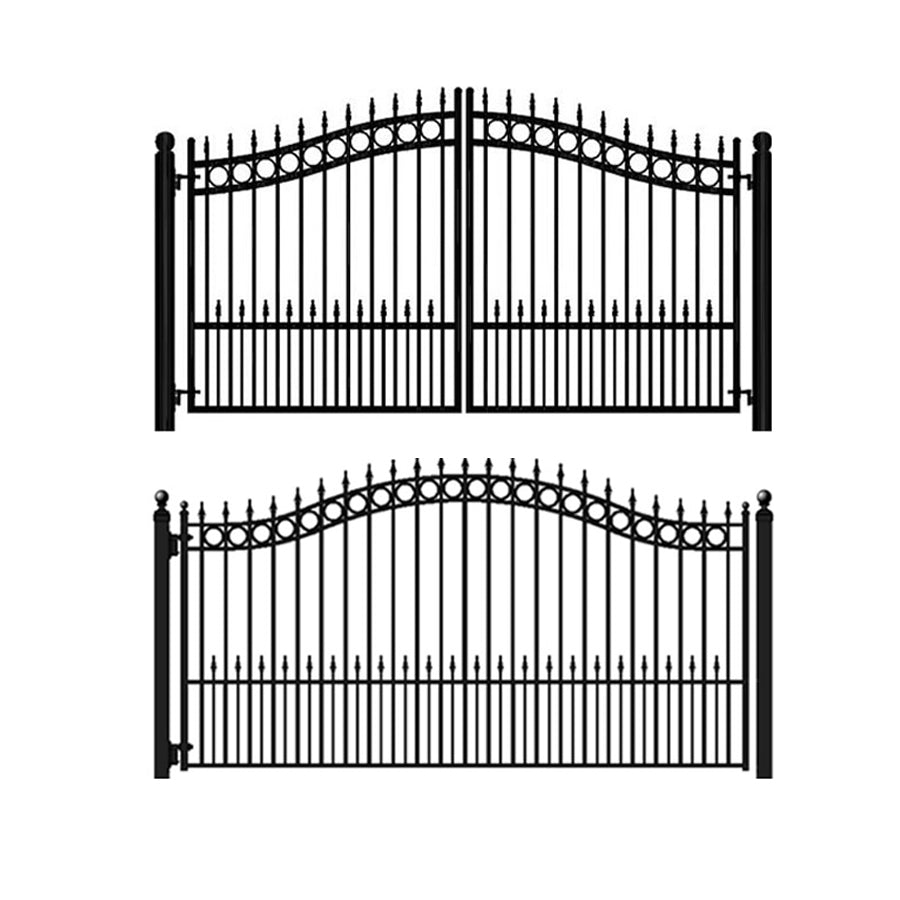 double and a single wrought iron gate drawing in concord style with arch and row of circles on top