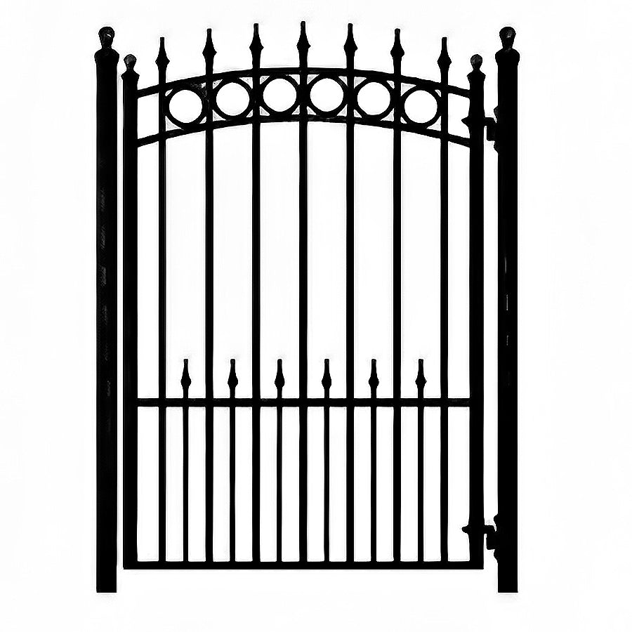 concord style garden gate drawing with row of circles and spear point finials on top, spear head dog pickets bottom