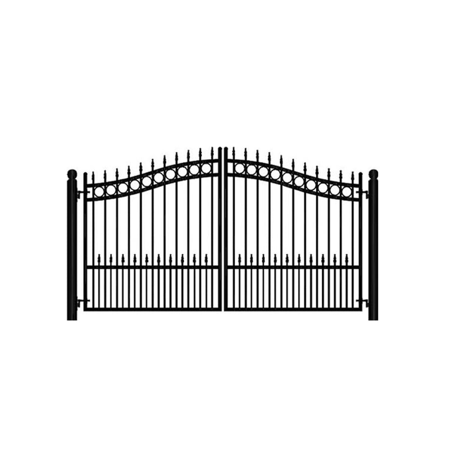 Black double-swing gate with curved top, spear-shaped finials, and circular accents, displayed on a white background.