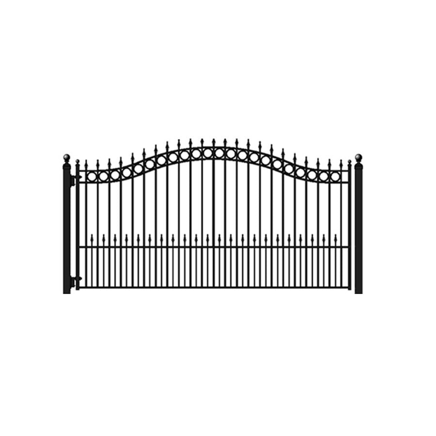 Black single-swing gate with curved top, spear-shaped finials, and circular accents, displayed on a white background.
