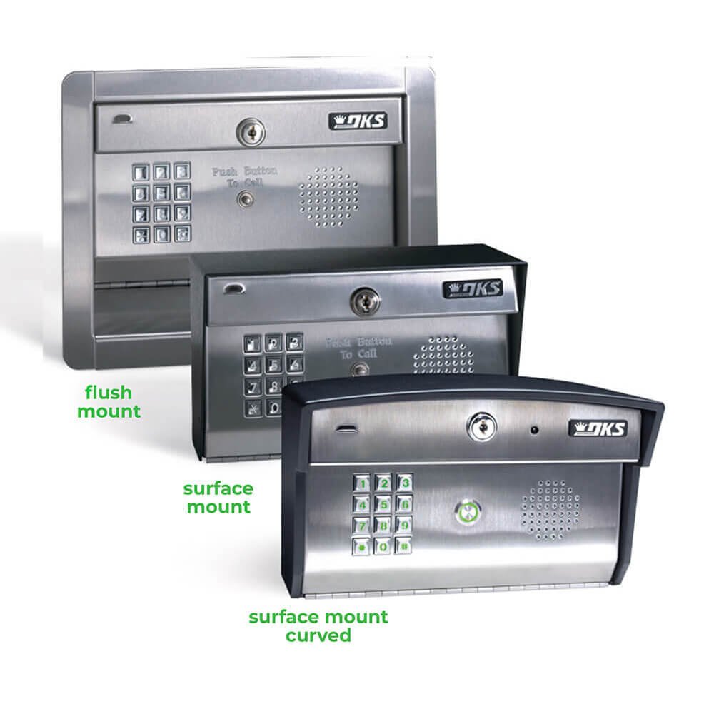three models of doorking telephone entry keypads with speakers