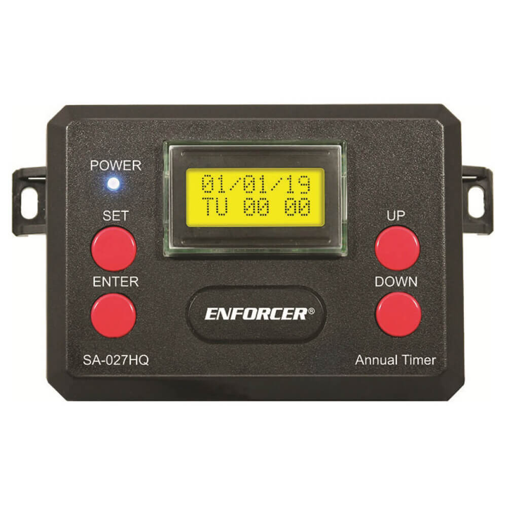 black automatic gate opener timer box with red buttons labeled up, down, set, Enter and a power light with digital date and time display