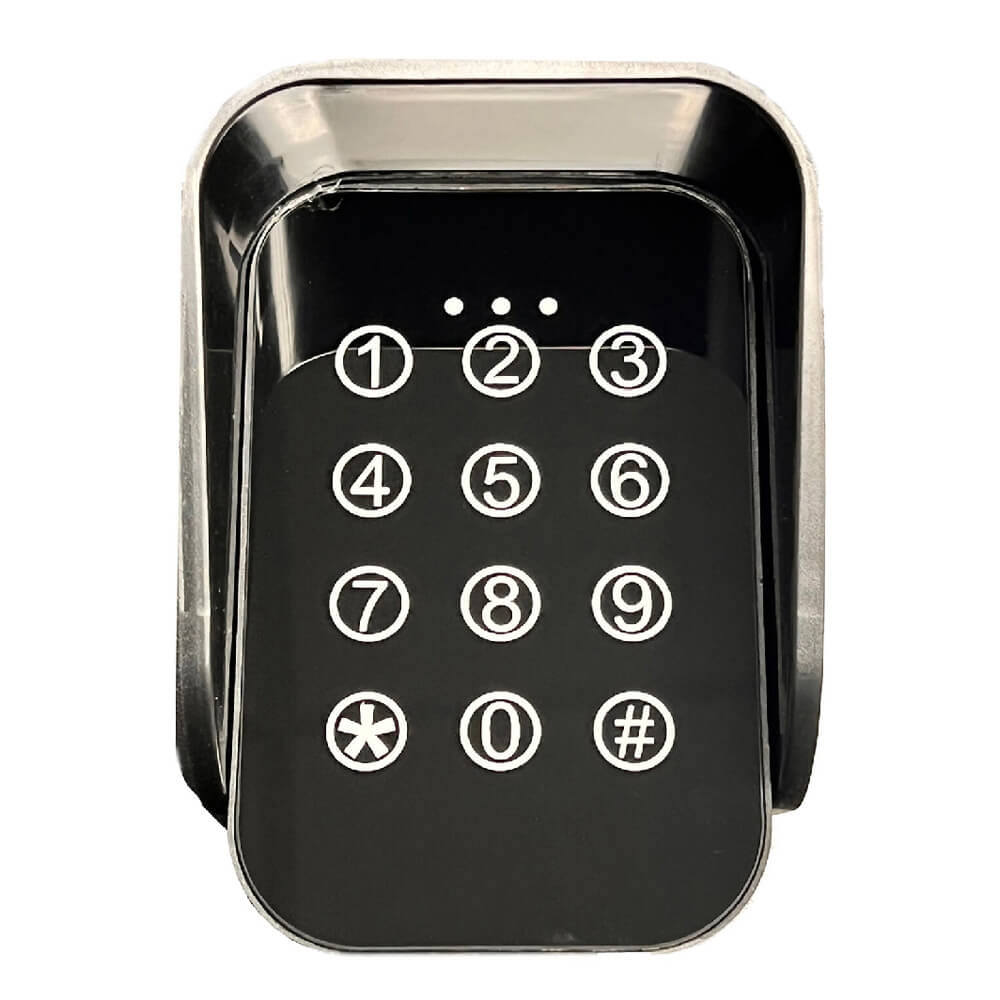black keypad with white numbers in white circles on buttons
