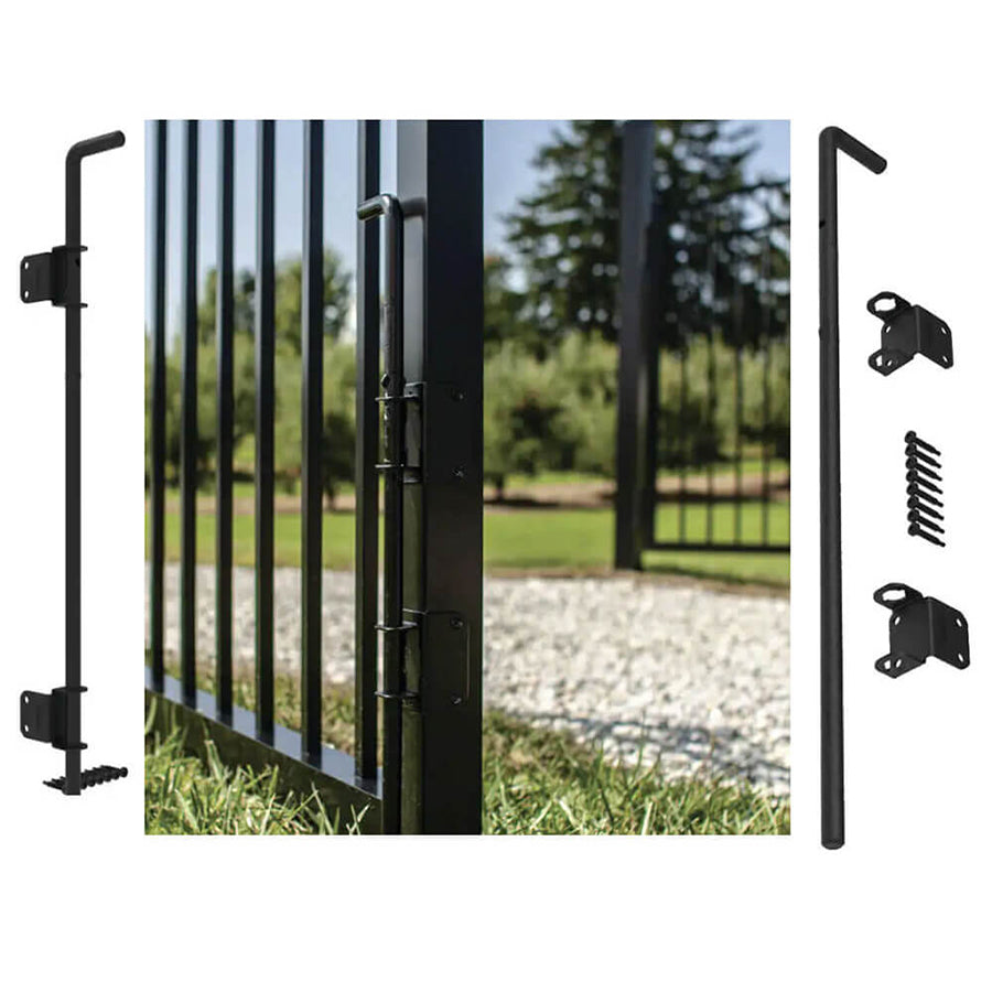 photo of black metal fence with black metal drop rod attached. Photo is surrounded by silhouetted images of rod components on white.