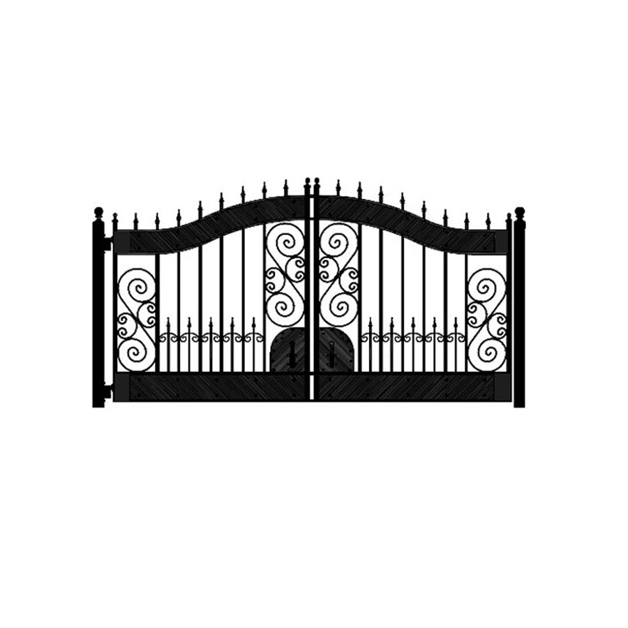  hyde park style double gate drawing with curlicues and arch. Wide band top and bottom. In ball capped posts .