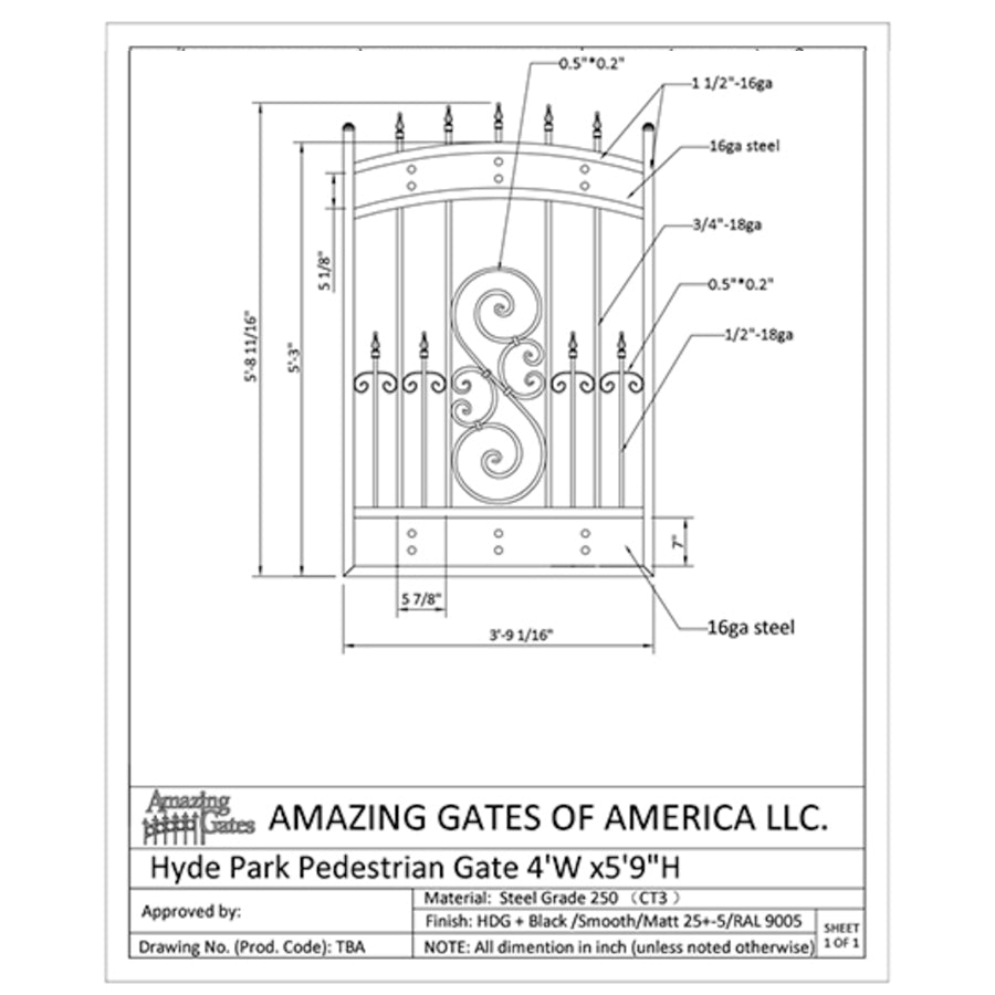 Labeled Diagram of hyde park style garden gate. arch with spear point finials and ball caps