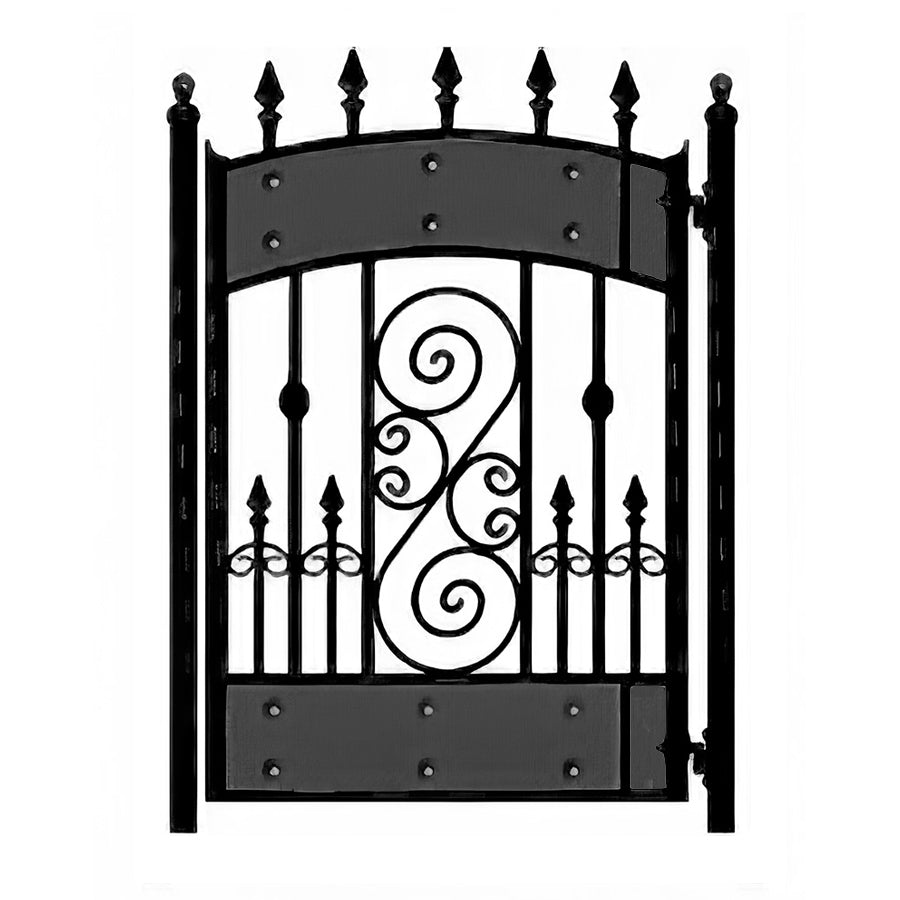 Hyde Par style ornate wrought iron garden gate with spiral inset, riveted deep metal bands top and bottom, arched top and spear point finials mounted on ball cap posts