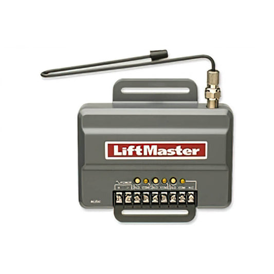 gray reciever with black antenna and liftmaster logo