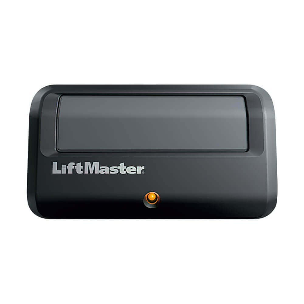black transmitter button with orange light and liftmaster logo