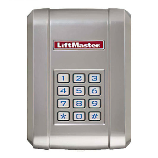 liftmaster slogo on tainless steel wireless keypad
