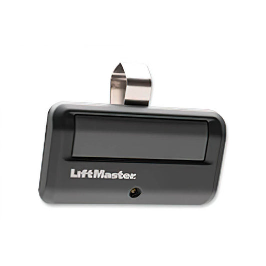 Black LiftMaster gate opener remote with a single button and metal clip attachment, designed for easy use and portability.