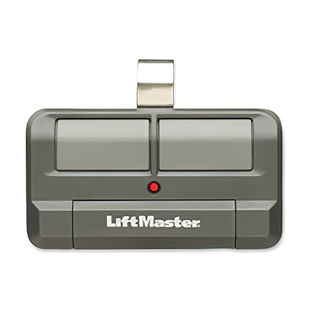 gray transmitter box with two buttons and red light and Liftmaster logo