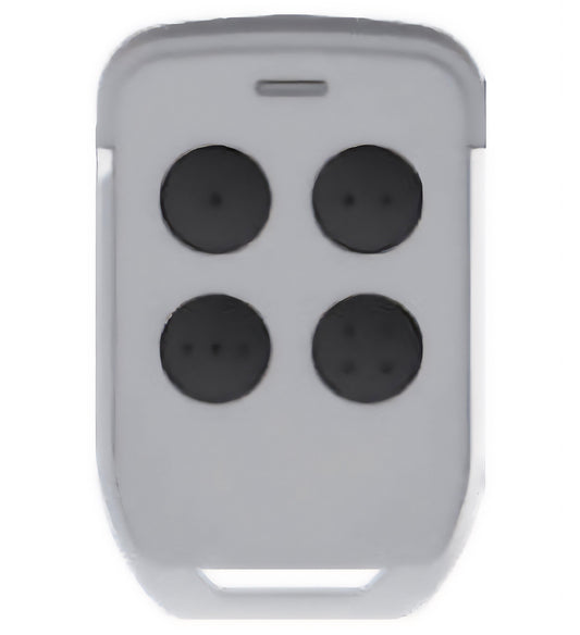 White remote control with four black buttons on a white background
