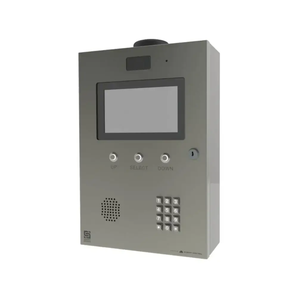 stainless steel intercom box with digital readout screen and dial pad and speaker