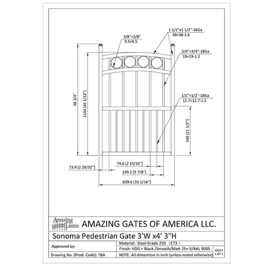 labeled diagram of Sonoma style iron garden gate with row of circles on top and ball caps on both posts on either side of gate